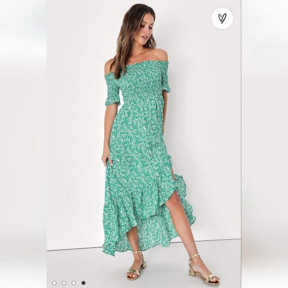 Lulus Dresses & Skirts - Lulus Fleur-tation Green floral print off-the-shoulder midi dress